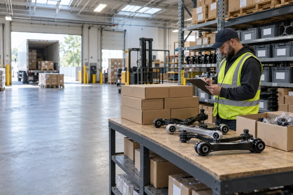 Worker checking cartons and auto parts in a warehouse