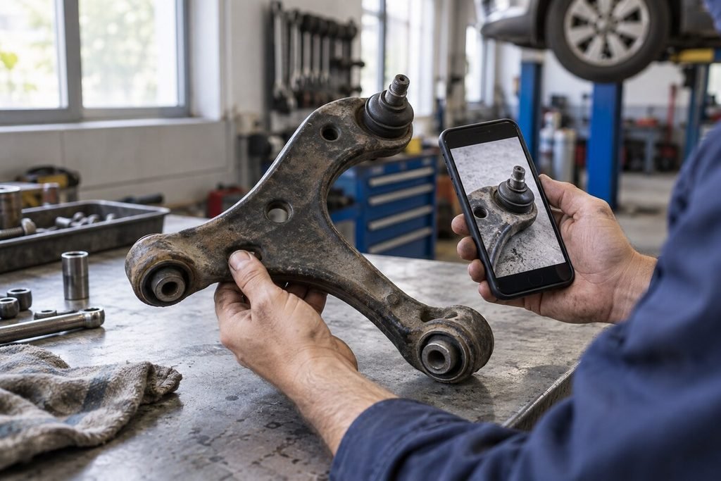 Mechanic comparing a used control arm with a phone photo for car part identification